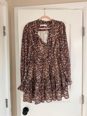 Rachel Parcell Print Ruffle Mini Dress Long Sleeve Chiffon L NWT $158